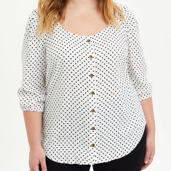 torrid Tops - Torrid Plus Size Rayon Slub Button-Front Puff Sleeve White/Black Top Blouse 3X